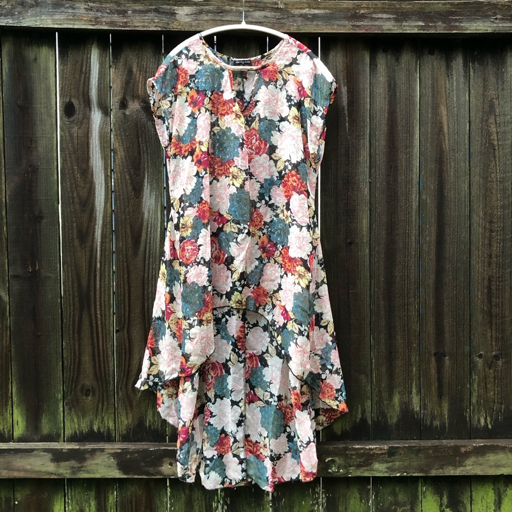 Cha Cha Vente High Low Sheer Swim Coverup Cap Sleeve Floral Metallic Size 1X